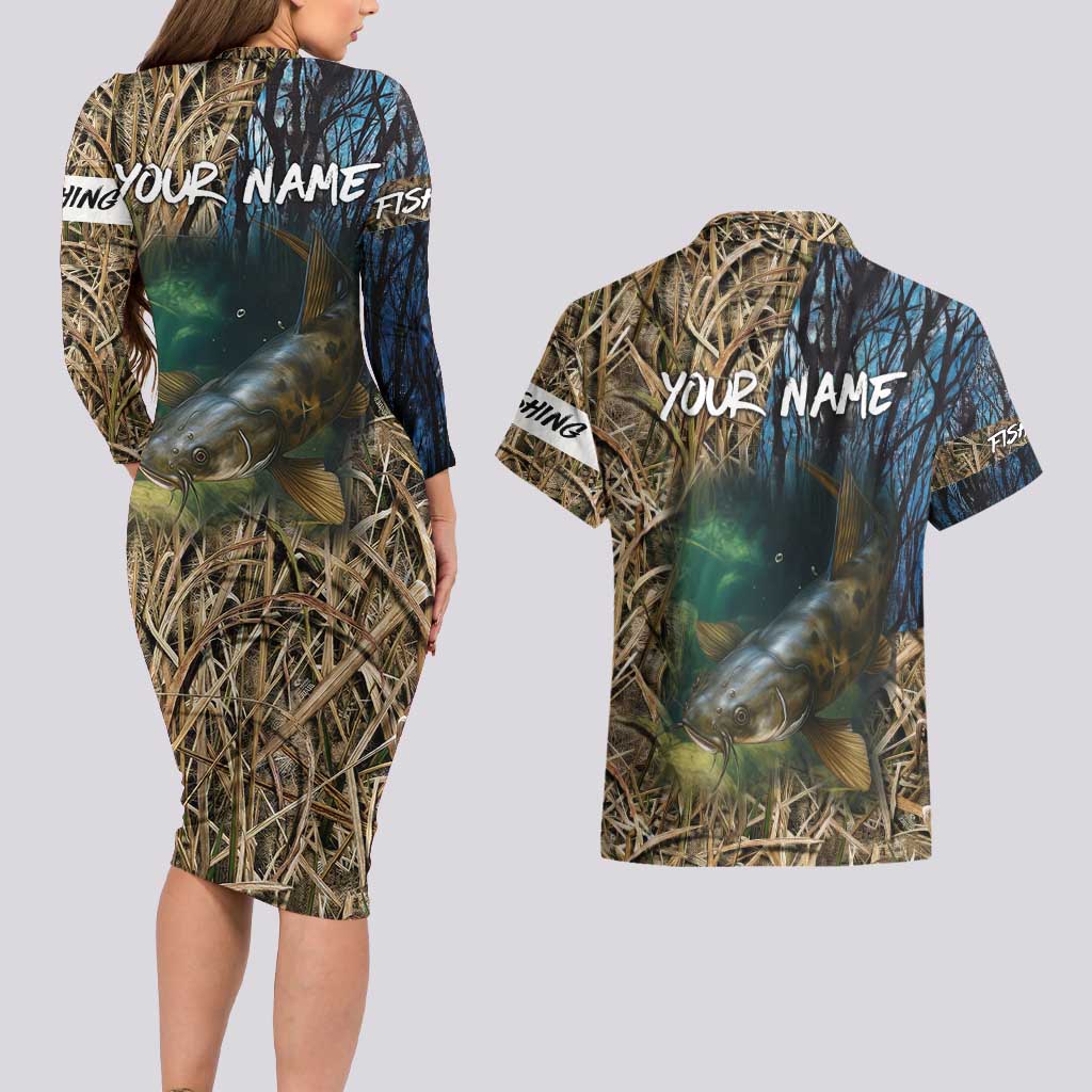 Catfish Fishing Underwater Scene Couples Matching Long Sleeve Bodycon Dress and Hawaiian Shirt Custom Name Swamp Grass and Camouflage - Wonder Print Shop