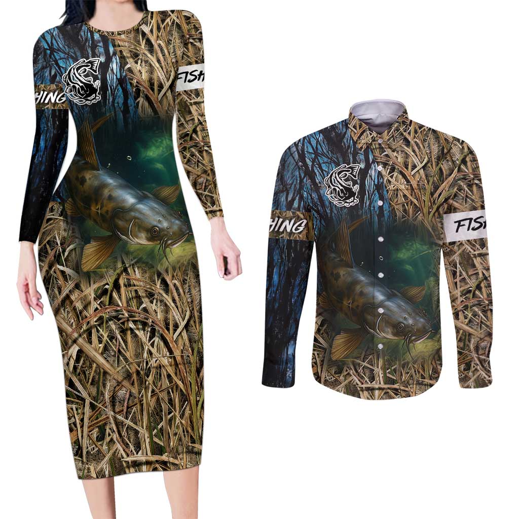 Catfish Fishing Underwater Scene Couples Matching Long Sleeve Bodycon Dress and Long Sleeve Button Shirt Custom Name Swamp Grass and Camouflage - Wonder Print Shop