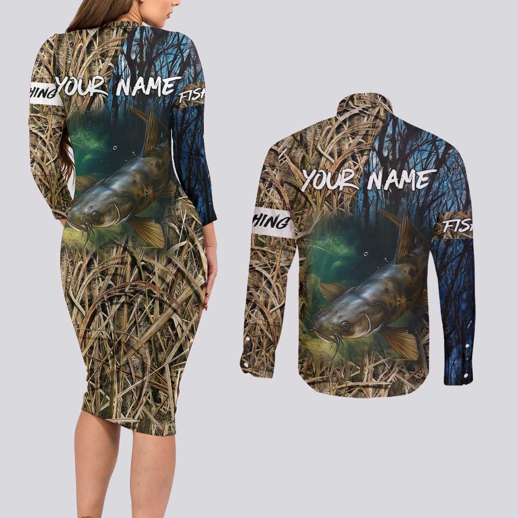 Catfish Fishing Underwater Scene Couples Matching Long Sleeve Bodycon Dress and Long Sleeve Button Shirt Custom Name Swamp Grass and Camouflage - Wonder Print Shop