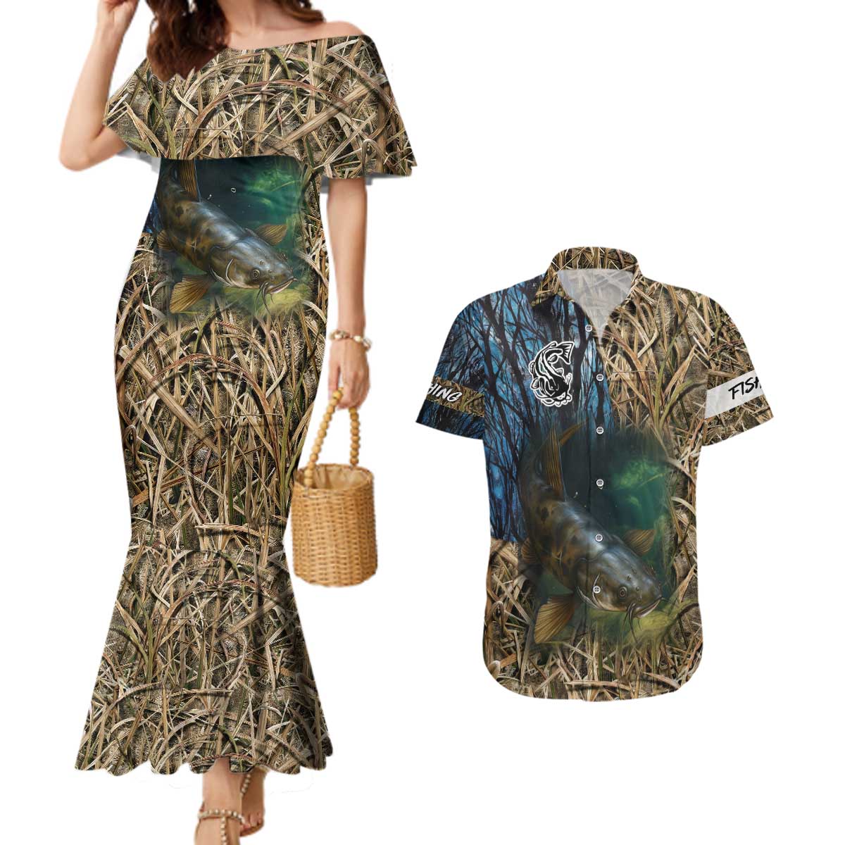 Catfish Fishing Underwater Scene Couples Matching Mermaid Dress and Hawaiian Shirt Custom Name Swamp Grass and Camouflage - Wonder Print Shop