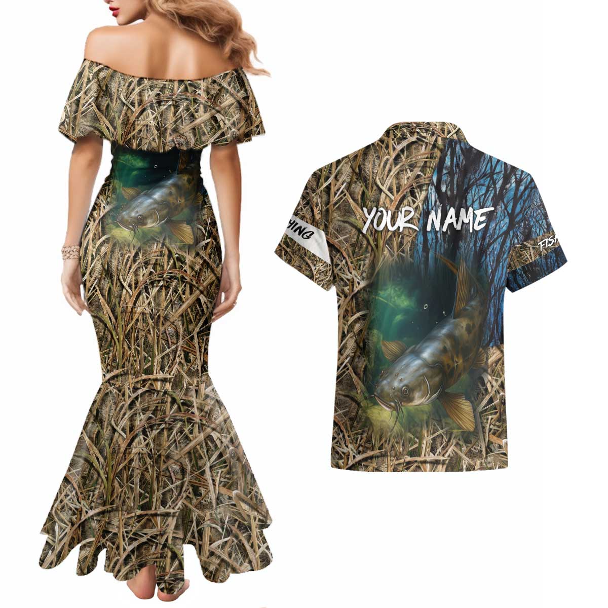 Catfish Fishing Underwater Scene Couples Matching Mermaid Dress and Hawaiian Shirt Custom Name Swamp Grass and Camouflage - Wonder Print Shop