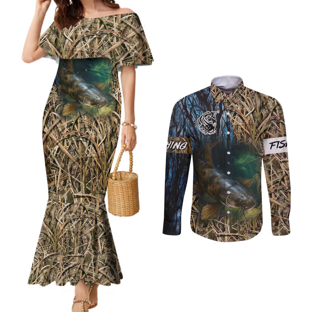Catfish Fishing Underwater Scene Couples Matching Mermaid Dress and Long Sleeve Button Shirt Custom Name Swamp Grass and Camouflage - Wonder Print Shop
