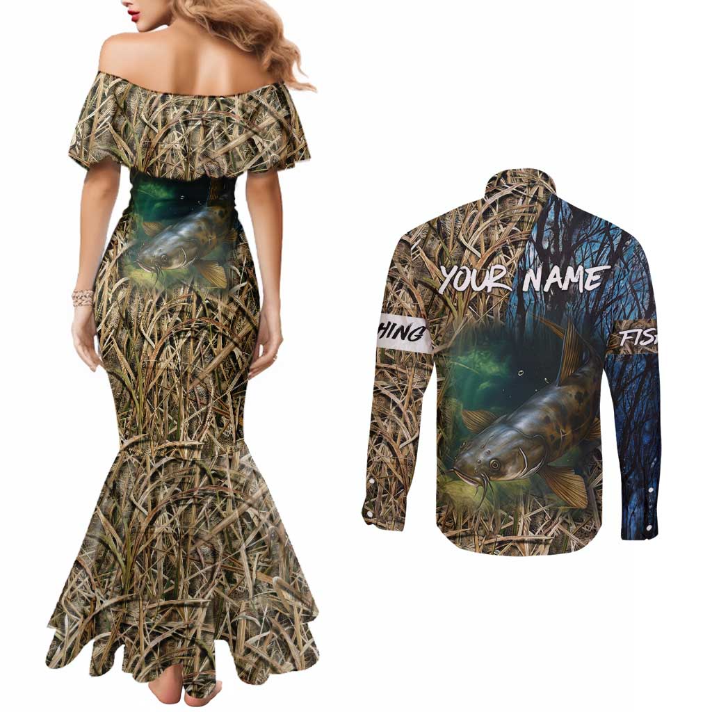 Catfish Fishing Underwater Scene Couples Matching Mermaid Dress and Long Sleeve Button Shirt Custom Name Swamp Grass and Camouflage - Wonder Print Shop