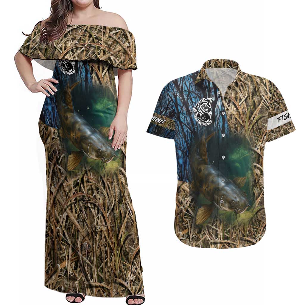 Catfish Fishing Underwater Scene Couples Matching Off Shoulder Maxi Dress and Hawaiian Shirt Custom Name Swamp Grass and Camouflage - Wonder Print Shop