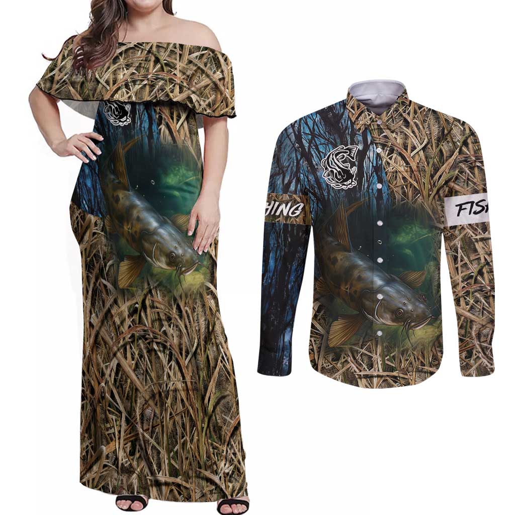 Catfish Fishing Underwater Scene Couples Matching Off Shoulder Maxi Dress and Long Sleeve Button Shirt Custom Name Swamp Grass and Camouflage - Wonder Print Shop