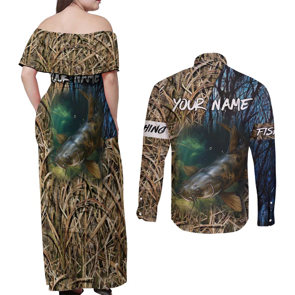 Catfish Fishing Underwater Scene Couples Matching Off Shoulder Maxi Dress and Long Sleeve Button Shirt Custom Name Swamp Grass and Camouflage - Wonder Print Shop