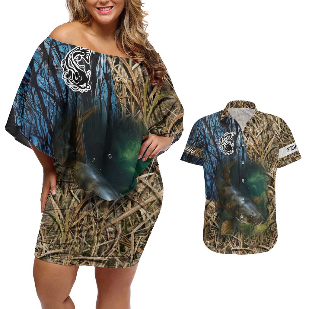 Catfish Fishing Underwater Scene Couples Matching Off Shoulder Short Dress and Hawaiian Shirt Custom Name Swamp Grass and Camouflage - Wonder Print Shop
