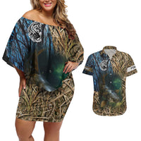 Catfish Fishing Underwater Scene Couples Matching Off Shoulder Short Dress and Hawaiian Shirt Custom Name Swamp Grass and Camouflage - Wonder Print Shop