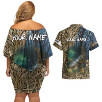 Catfish Fishing Underwater Scene Couples Matching Off Shoulder Short Dress and Hawaiian Shirt Custom Name Swamp Grass and Camouflage - Wonder Print Shop