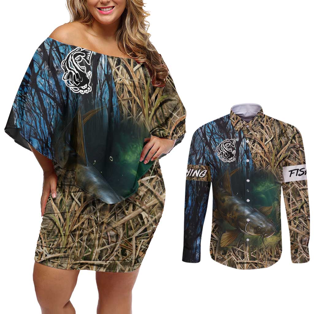 Catfish Fishing Underwater Scene Couples Matching Off Shoulder Short Dress and Long Sleeve Button Shirt Custom Name Swamp Grass and Camouflage - Wonder Print Shop