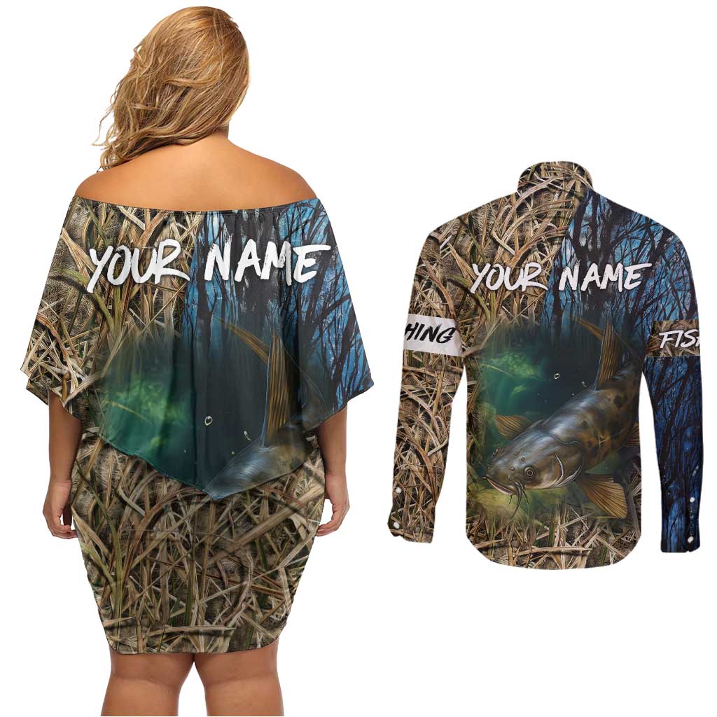 Catfish Fishing Underwater Scene Couples Matching Off Shoulder Short Dress and Long Sleeve Button Shirt Custom Name Swamp Grass and Camouflage - Wonder Print Shop
