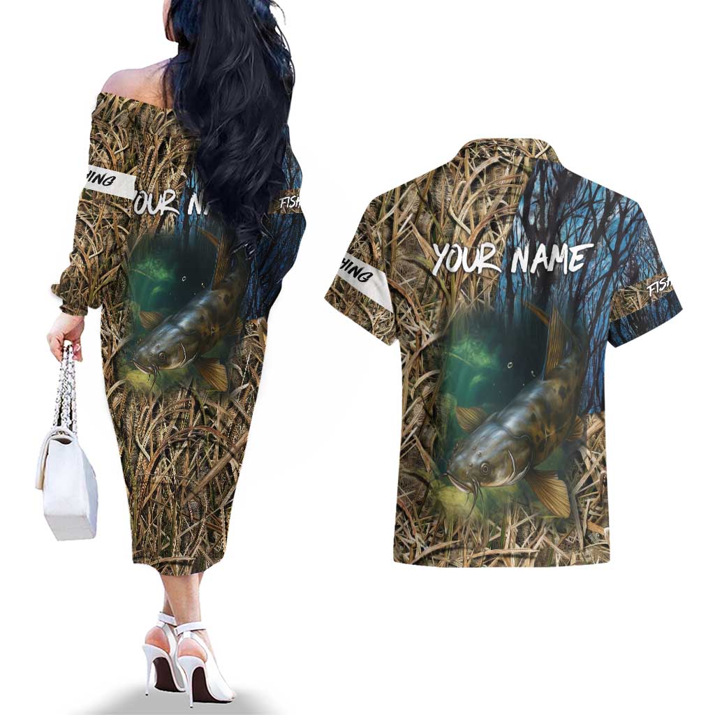 Catfish Fishing Underwater Scene Couples Matching Off The Shoulder Long Sleeve Dress and Hawaiian Shirt Custom Name Swamp Grass and Camouflage - Wonder Print Shop