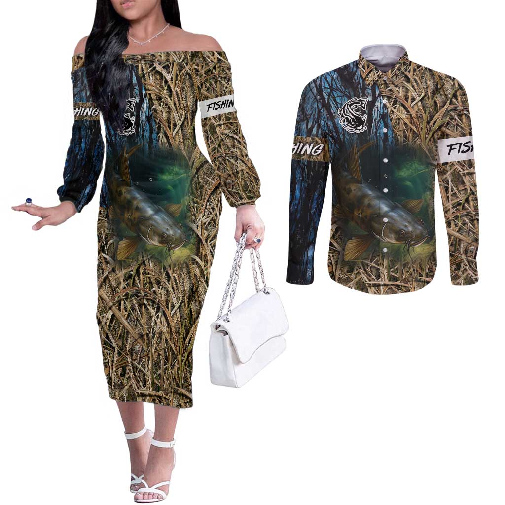 Catfish Fishing Underwater Scene Couples Matching Off The Shoulder Long Sleeve Dress and Long Sleeve Button Shirt Custom Name Swamp Grass and Camouflage - Wonder Print Shop