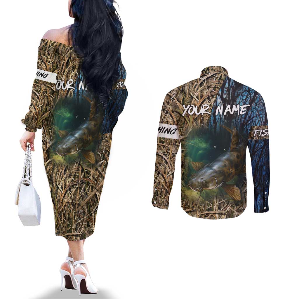 Catfish Fishing Underwater Scene Couples Matching Off The Shoulder Long Sleeve Dress and Long Sleeve Button Shirt Custom Name Swamp Grass and Camouflage - Wonder Print Shop