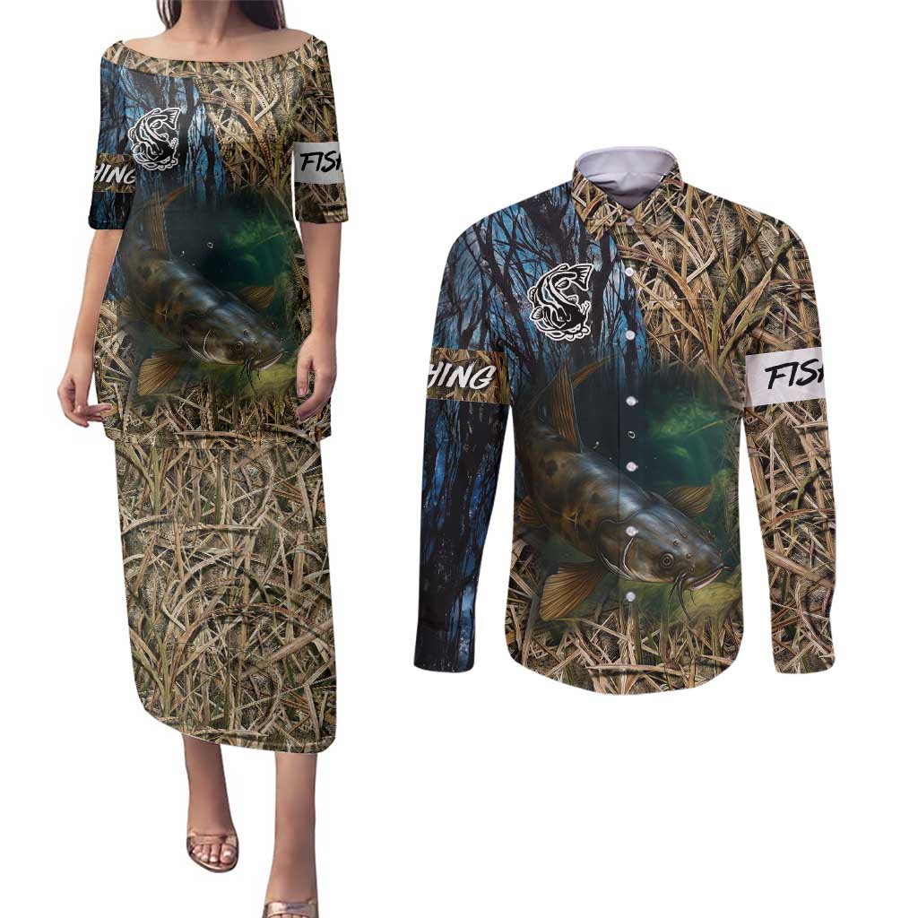 Catfish Fishing Underwater Scene Couples Matching Puletasi and Long Sleeve Button Shirt Custom Name Swamp Grass and Camouflage - Wonder Print Shop