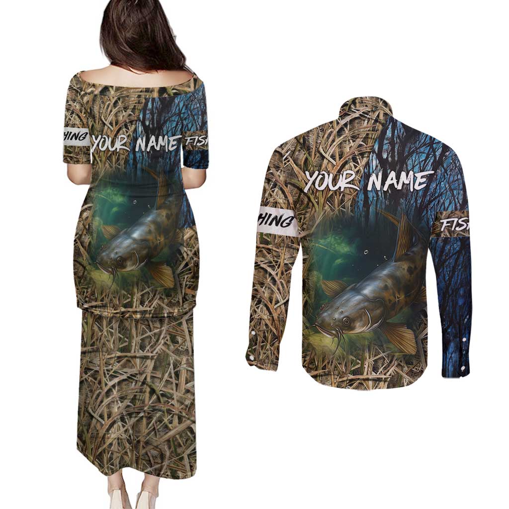 Catfish Fishing Underwater Scene Couples Matching Puletasi and Long Sleeve Button Shirt Custom Name Swamp Grass and Camouflage - Wonder Print Shop