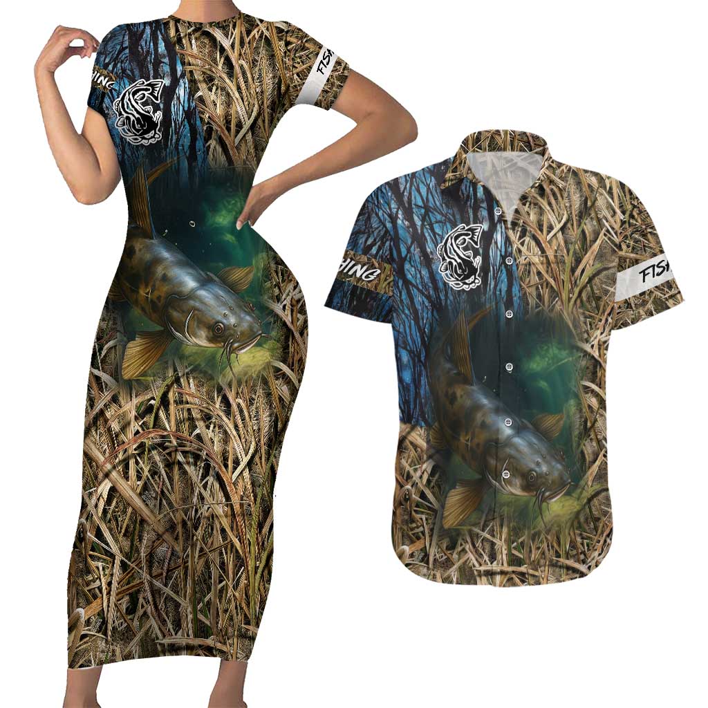 Catfish Fishing Underwater Scene Couples Matching Short Sleeve Bodycon Dress and Hawaiian Shirt Custom Name Swamp Grass and Camouflage - Wonder Print Shop