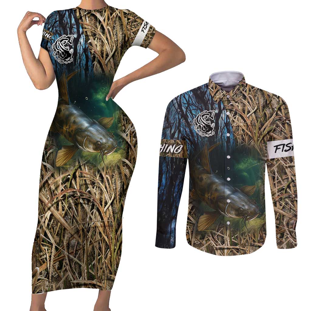 Catfish Fishing Underwater Scene Couples Matching Short Sleeve Bodycon Dress and Long Sleeve Button Shirt Custom Name Swamp Grass and Camouflage - Wonder Print Shop