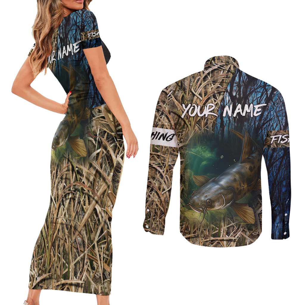 Catfish Fishing Underwater Scene Couples Matching Short Sleeve Bodycon Dress and Long Sleeve Button Shirt Custom Name Swamp Grass and Camouflage - Wonder Print Shop