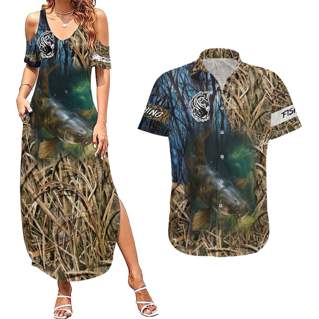 Catfish Fishing Underwater Scene Couples Matching Summer Maxi Dress and Hawaiian Shirt Custom Name Swamp Grass and Camouflage - Wonder Print Shop