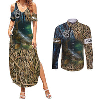 Catfish Fishing Underwater Scene Couples Matching Summer Maxi Dress and Long Sleeve Button Shirt Custom Name Swamp Grass and Camouflage - Wonder Print Shop