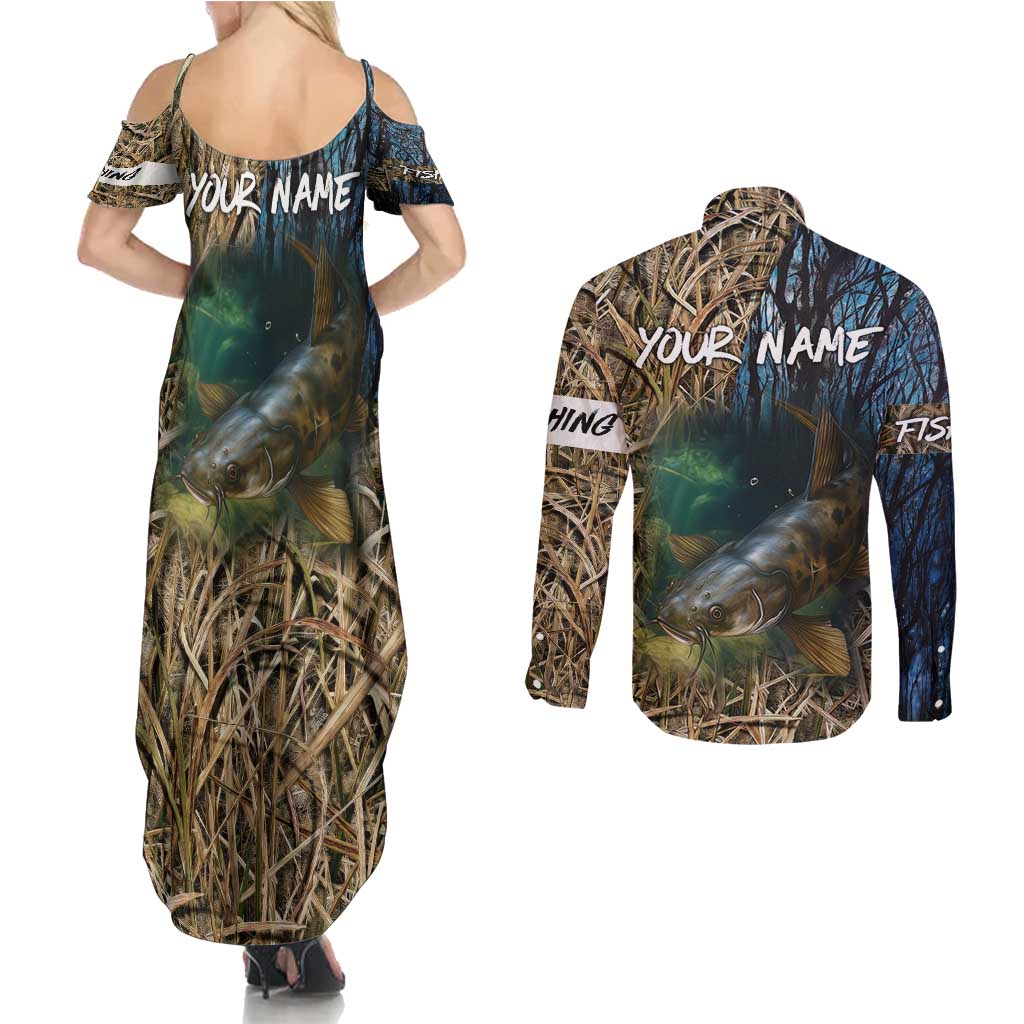 Catfish Fishing Underwater Scene Couples Matching Summer Maxi Dress and Long Sleeve Button Shirt Custom Name Swamp Grass and Camouflage - Wonder Print Shop