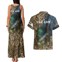 Catfish Fishing Underwater Scene Couples Matching Tank Maxi Dress and Hawaiian Shirt Custom Name Swamp Grass and Camouflage - Wonder Print Shop