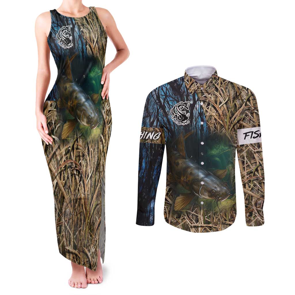 Catfish Fishing Underwater Scene Couples Matching Tank Maxi Dress and Long Sleeve Button Shirt Custom Name Swamp Grass and Camouflage - Wonder Print Shop