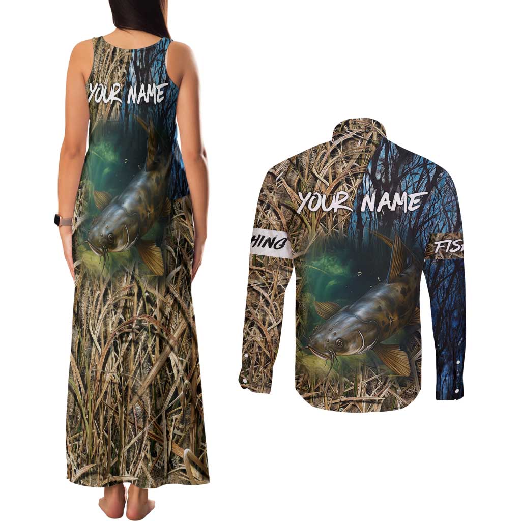 Catfish Fishing Underwater Scene Couples Matching Tank Maxi Dress and Long Sleeve Button Shirt Custom Name Swamp Grass and Camouflage - Wonder Print Shop