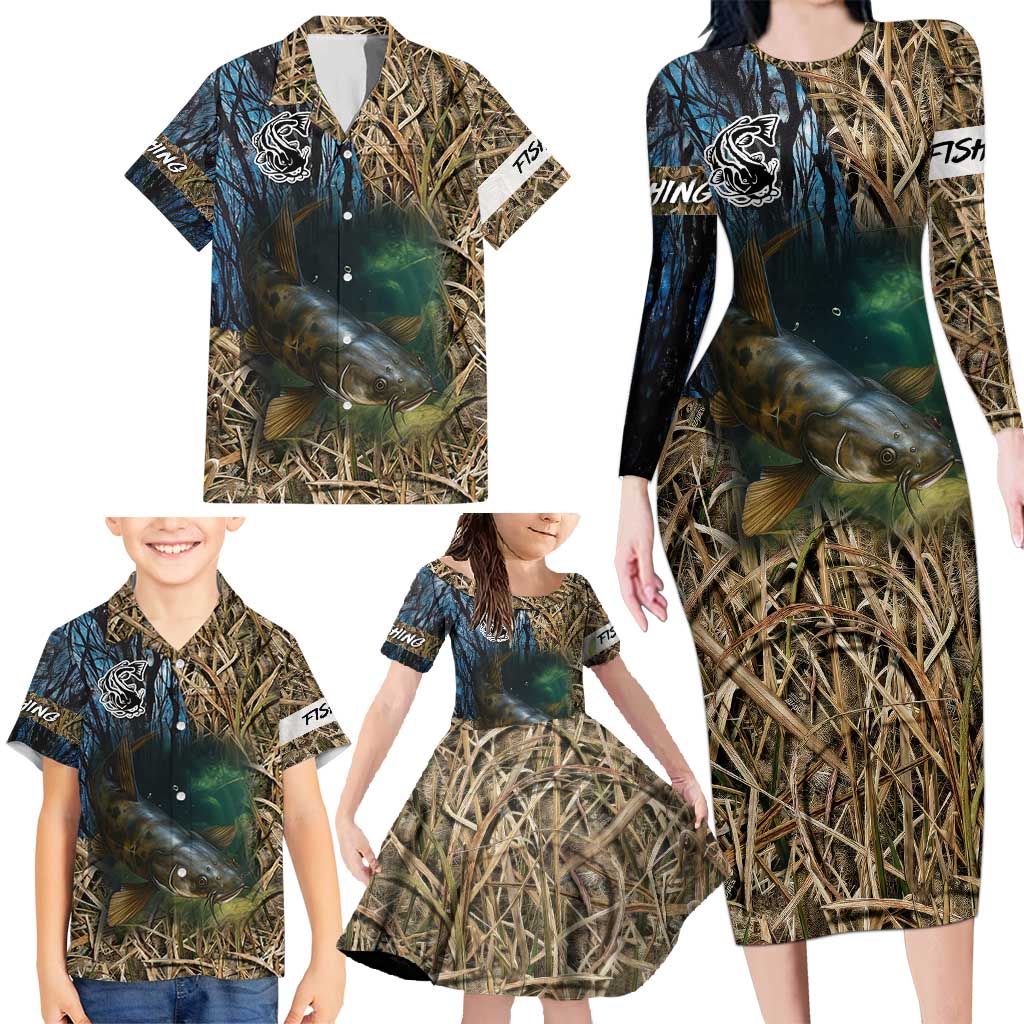 Catfish Fishing Underwater Scene Family Matching Long Sleeve Bodycon Dress and Hawaiian Shirt Custom Name Swamp Grass and Camouflage - Wonder Print Shop
