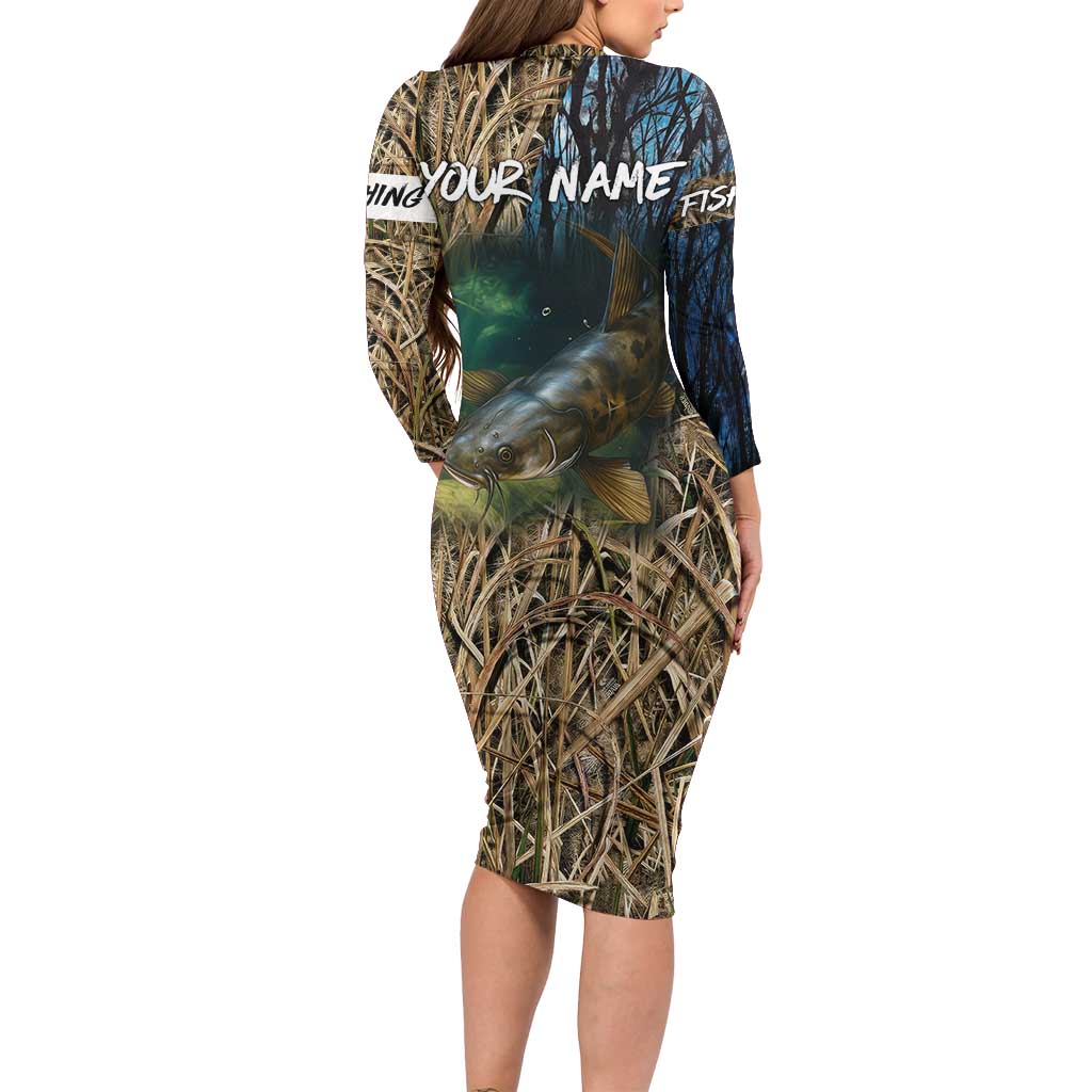 Catfish Fishing Underwater Scene Family Matching Long Sleeve Bodycon Dress and Hawaiian Shirt Custom Name Swamp Grass and Camouflage - Wonder Print Shop