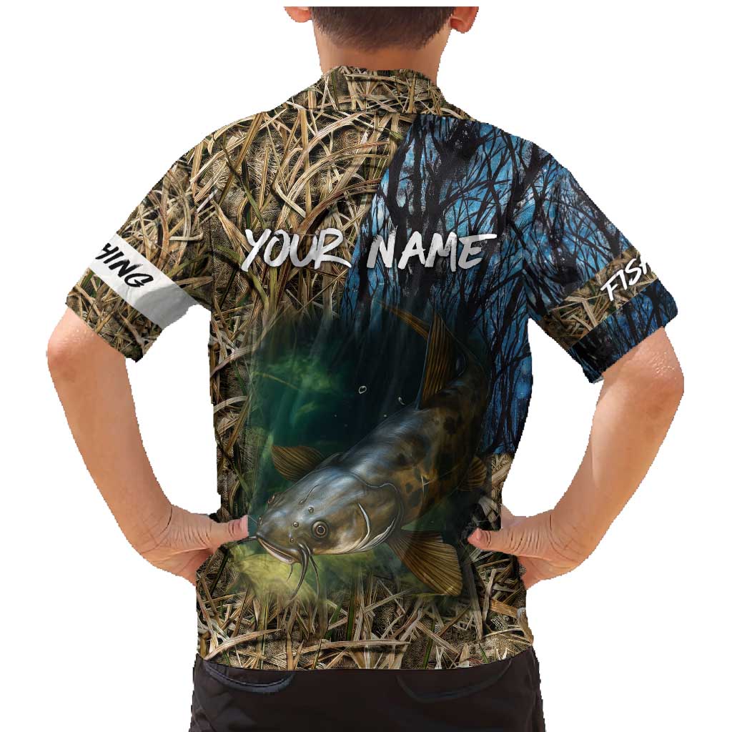 Catfish Fishing Underwater Scene Family Matching Mermaid Dress and Hawaiian Shirt Custom Name Swamp Grass and Camouflage - Wonder Print Shop