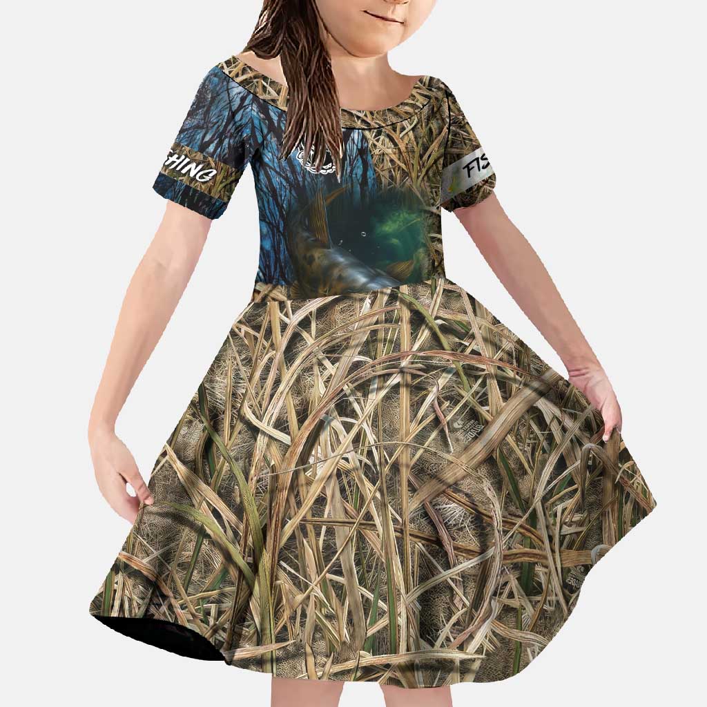 Catfish Fishing Underwater Scene Family Matching Mermaid Dress and Hawaiian Shirt Custom Name Swamp Grass and Camouflage - Wonder Print Shop