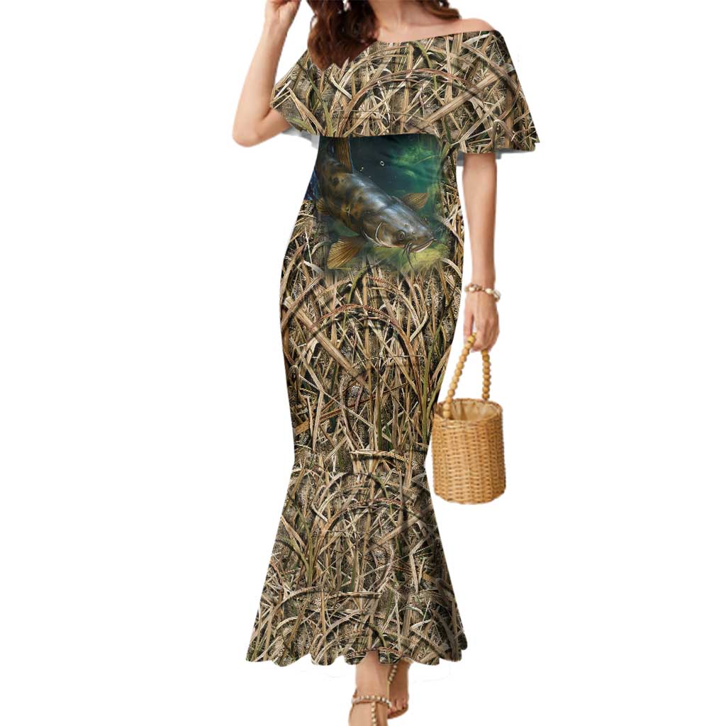 Catfish Fishing Underwater Scene Family Matching Mermaid Dress and Hawaiian Shirt Custom Name Swamp Grass and Camouflage - Wonder Print Shop