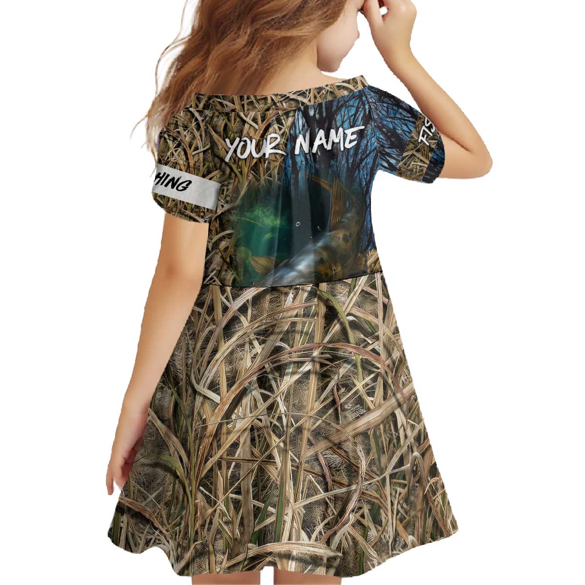 Catfish Fishing Underwater Scene Family Matching Off The Shoulder Long Sleeve Dress and Hawaiian Shirt Custom Name Swamp Grass and Camouflage - Wonder Print Shop