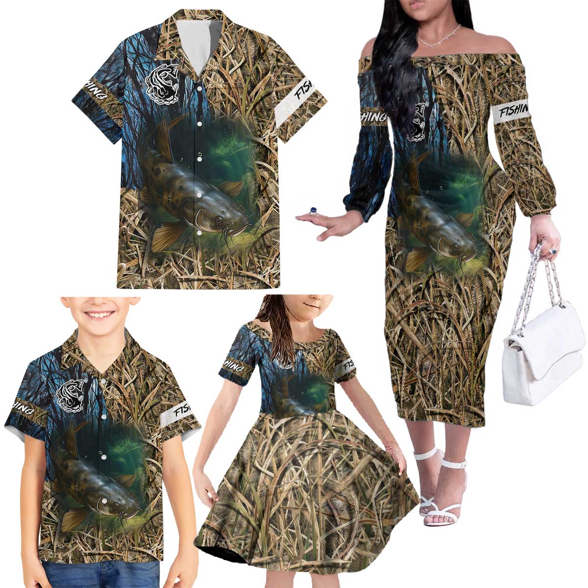 Catfish Fishing Underwater Scene Family Matching Off The Shoulder Long Sleeve Dress and Hawaiian Shirt Custom Name Swamp Grass and Camouflage - Wonder Print Shop