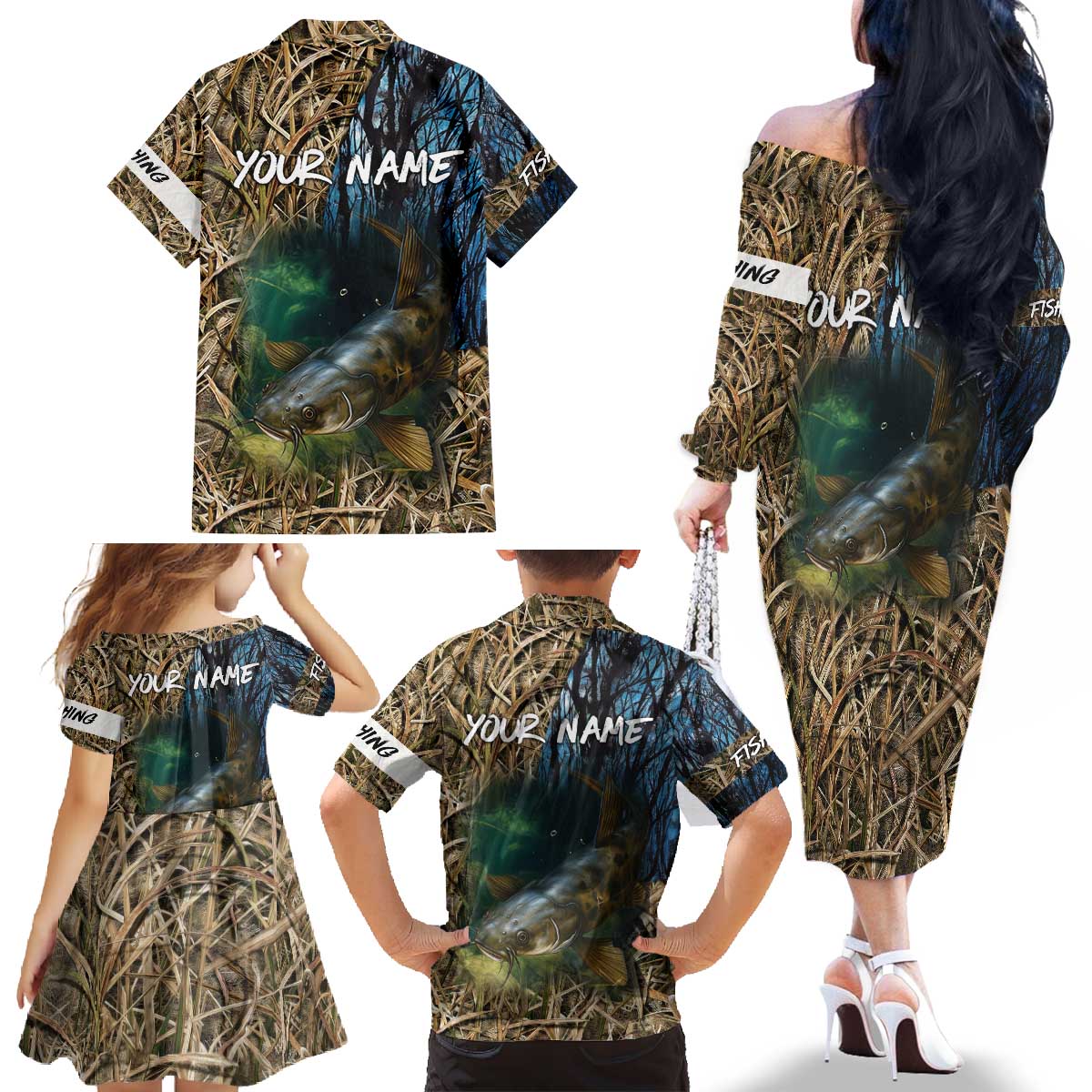 Catfish Fishing Underwater Scene Family Matching Off The Shoulder Long Sleeve Dress and Hawaiian Shirt Custom Name Swamp Grass and Camouflage - Wonder Print Shop