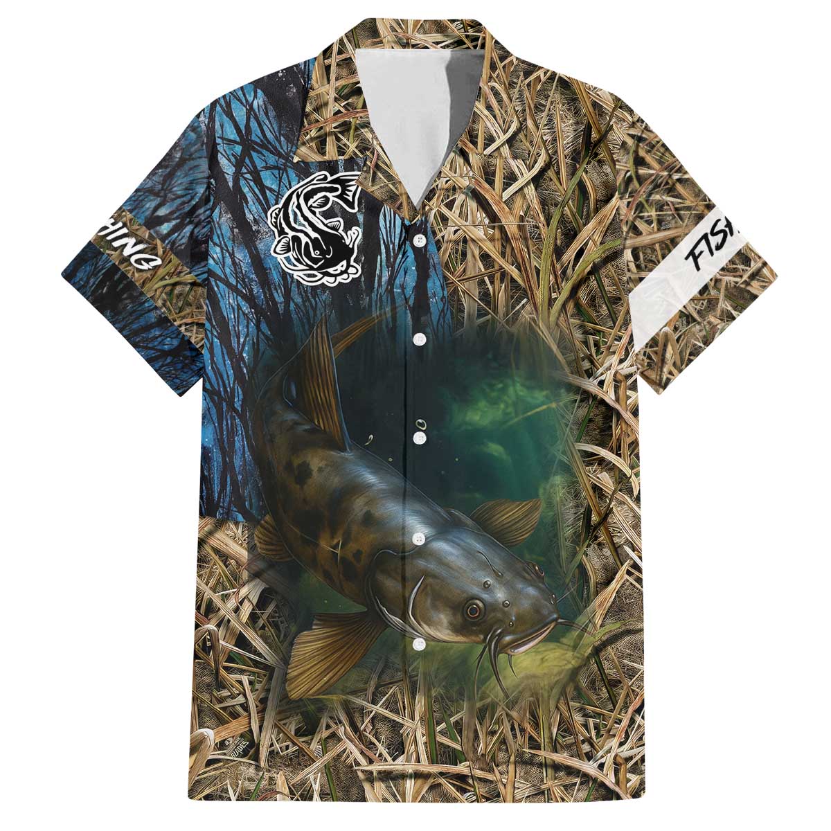 Catfish Fishing Underwater Scene Family Matching Off The Shoulder Long Sleeve Dress and Hawaiian Shirt Custom Name Swamp Grass and Camouflage - Wonder Print Shop