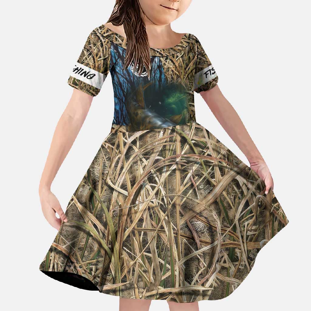 Catfish Fishing Underwater Scene Family Matching Off Shoulder Maxi Dress and Hawaiian Shirt Custom Name Swamp Grass and Camouflage - Wonder Print Shop