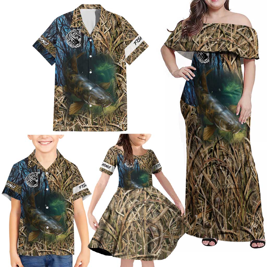 Catfish Fishing Underwater Scene Family Matching Off Shoulder Maxi Dress and Hawaiian Shirt Custom Name Swamp Grass and Camouflage - Wonder Print Shop