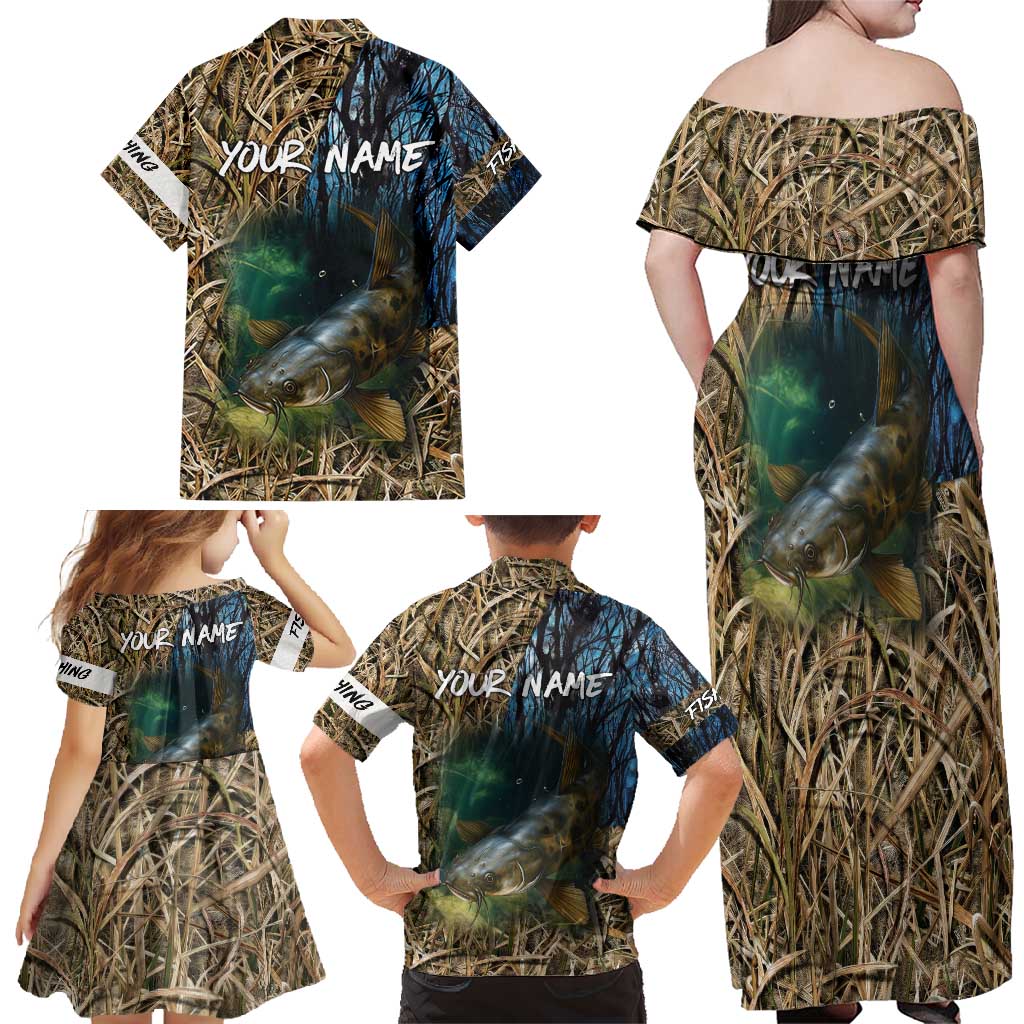 Catfish Fishing Underwater Scene Family Matching Off Shoulder Maxi Dress and Hawaiian Shirt Custom Name Swamp Grass and Camouflage - Wonder Print Shop