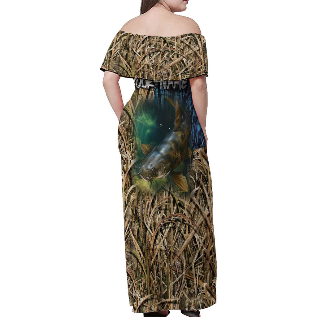 Catfish Fishing Underwater Scene Family Matching Off Shoulder Maxi Dress and Hawaiian Shirt Custom Name Swamp Grass and Camouflage - Wonder Print Shop