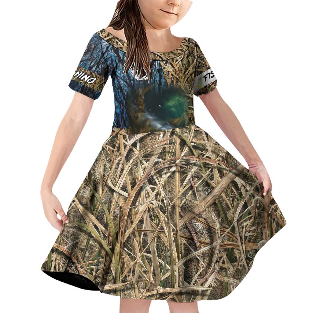 Catfish Fishing Underwater Scene Family Matching Off Shoulder Short Dress and Hawaiian Shirt Custom Name Swamp Grass and Camouflage - Wonder Print Shop