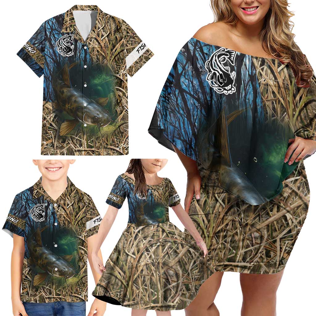 Catfish Fishing Underwater Scene Family Matching Off Shoulder Short Dress and Hawaiian Shirt Custom Name Swamp Grass and Camouflage - Wonder Print Shop