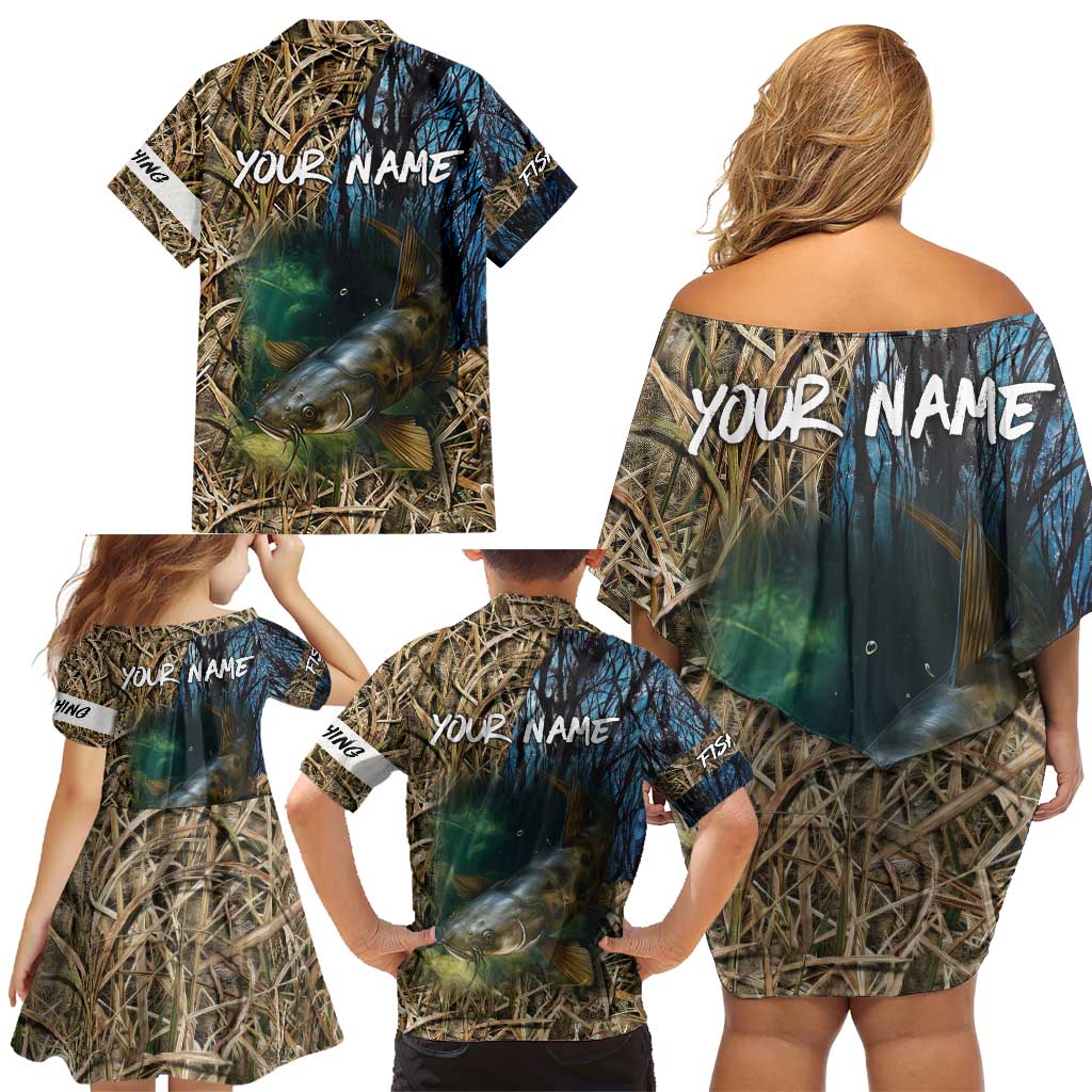 Catfish Fishing Underwater Scene Family Matching Off Shoulder Short Dress and Hawaiian Shirt Custom Name Swamp Grass and Camouflage - Wonder Print Shop