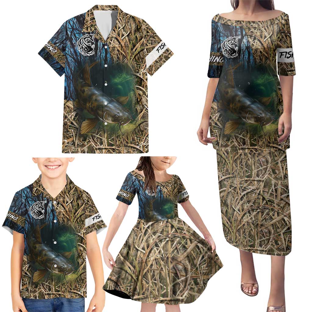 Catfish Fishing Underwater Scene Family Matching Puletasi and Hawaiian Shirt Custom Name Swamp Grass and Camouflage - Wonder Print Shop