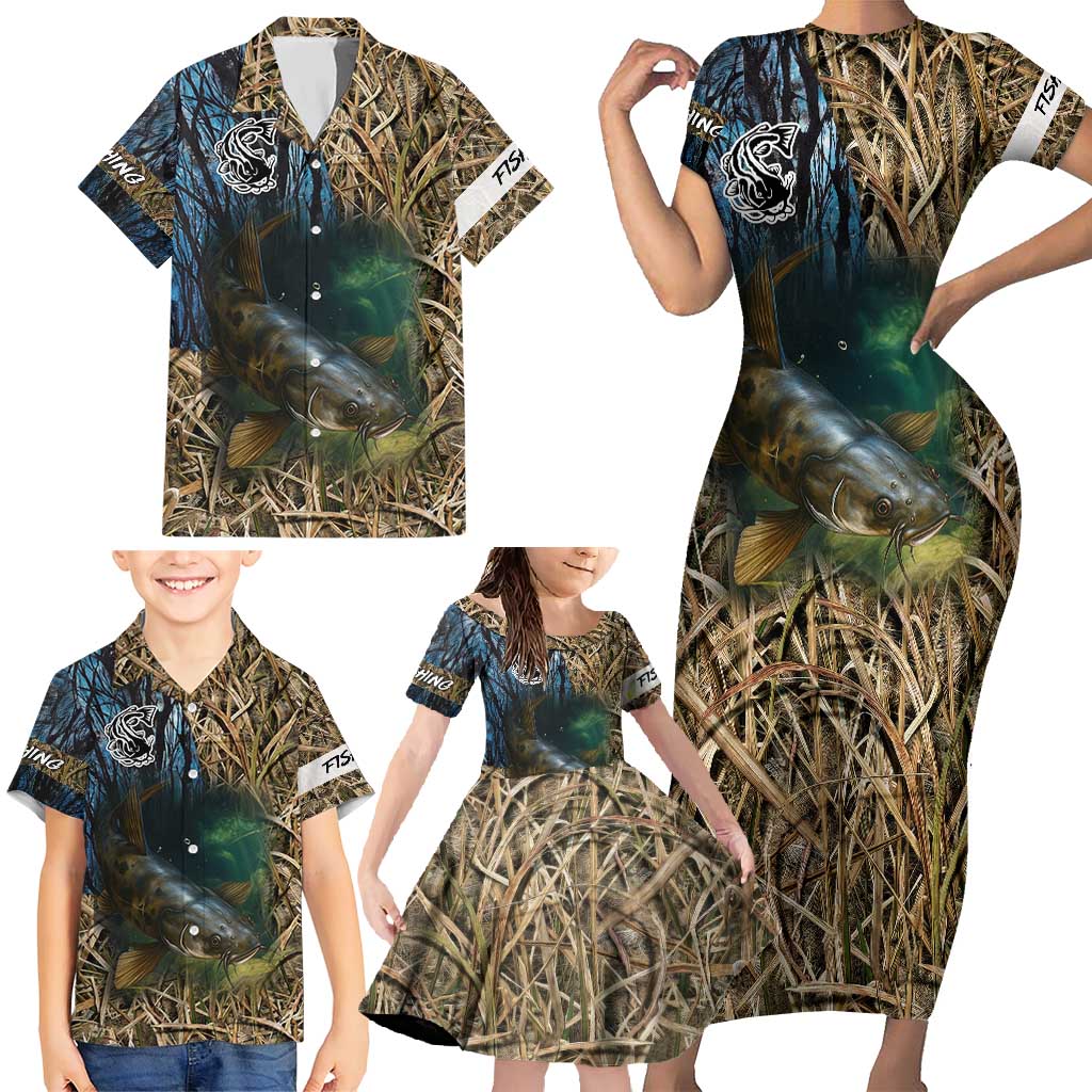 Catfish Fishing Underwater Scene Family Matching Short Sleeve Bodycon Dress and Hawaiian Shirt Custom Name Swamp Grass and Camouflage - Wonder Print Shop