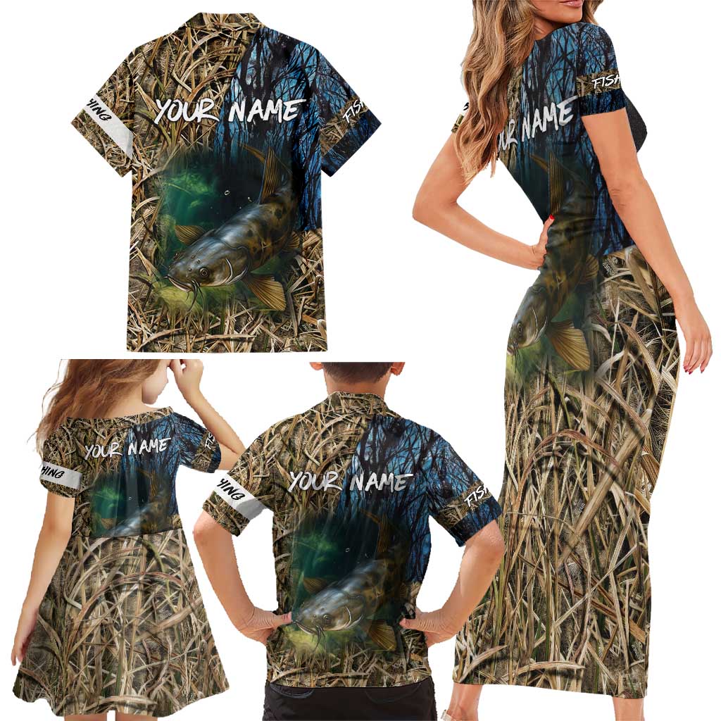 Catfish Fishing Underwater Scene Family Matching Short Sleeve Bodycon Dress and Hawaiian Shirt Custom Name Swamp Grass and Camouflage - Wonder Print Shop