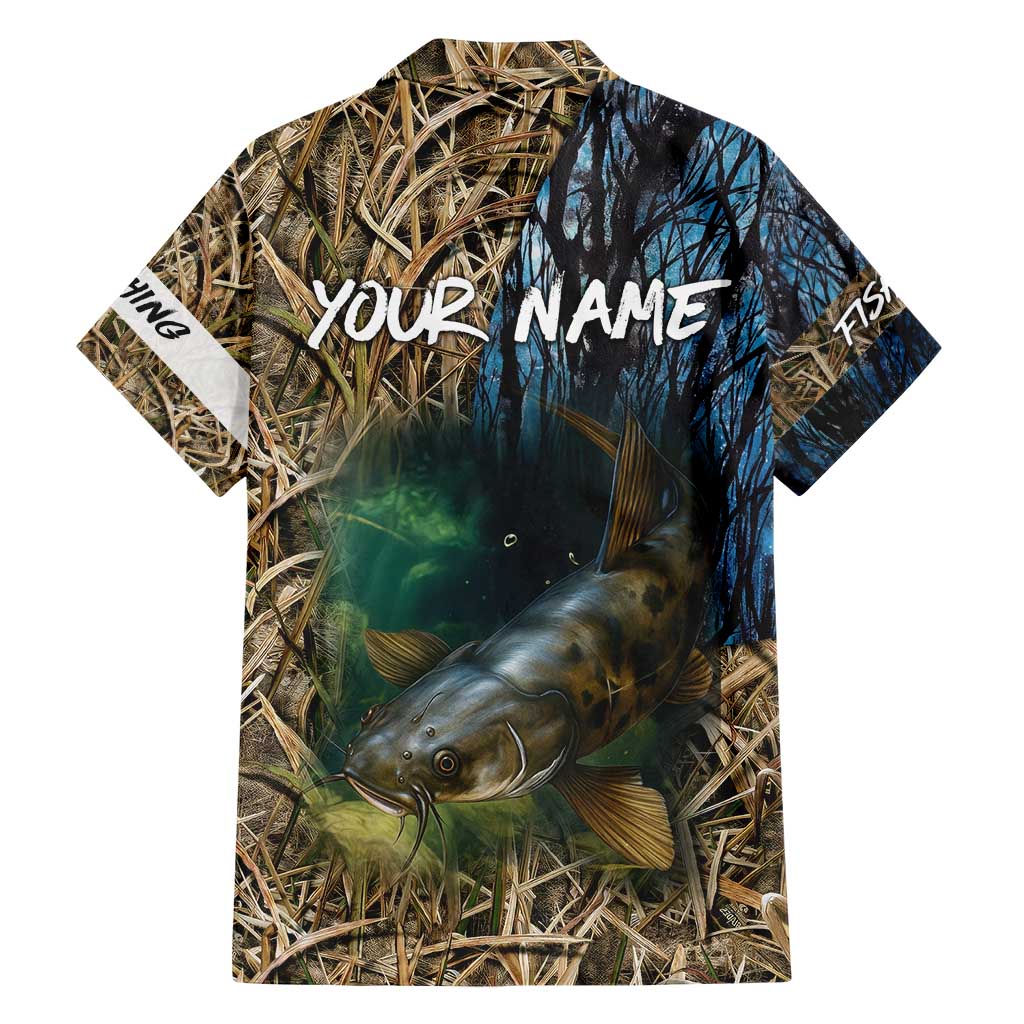 Catfish Fishing Underwater Scene Family Matching Short Sleeve Bodycon Dress and Hawaiian Shirt Custom Name Swamp Grass and Camouflage - Wonder Print Shop