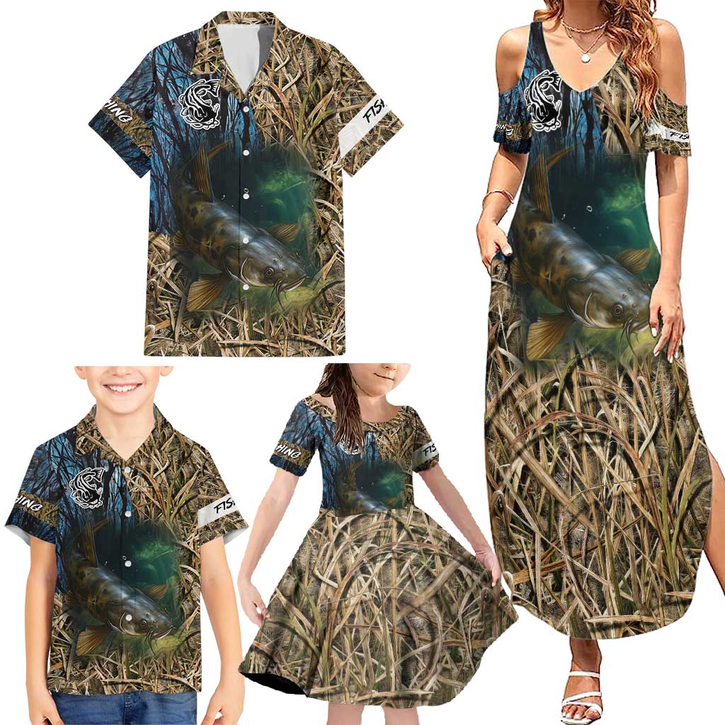 Catfish Fishing Underwater Scene Family Matching Summer Maxi Dress and Hawaiian Shirt Custom Name Swamp Grass and Camouflage - Wonder Print Shop